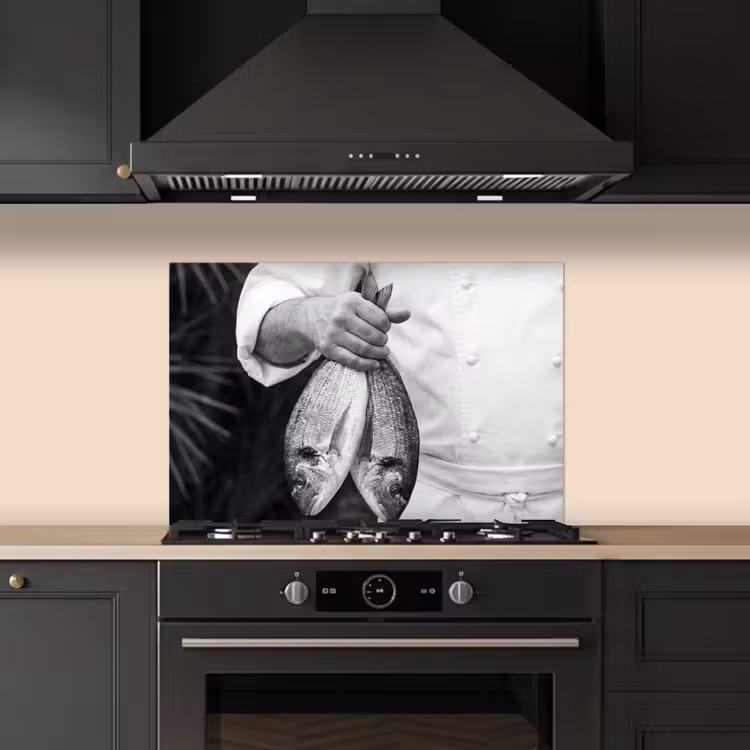 Vissen - Chef - Zwart - Wit keuken achterwand spatscherm klein -sfeer1