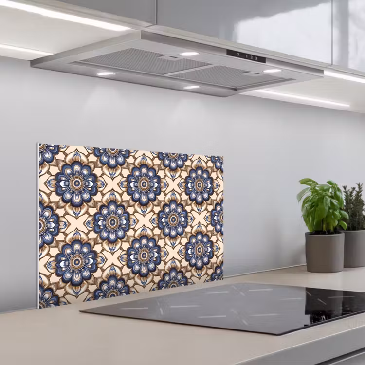 Floraal - Ornament - Blauw keuken achterwand spatscherm klein 900 -3d_schuin