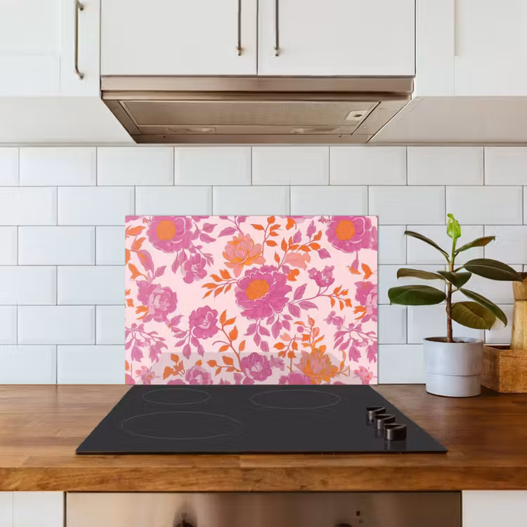 Bloemenpatroon - Roze - Oranje - Bloemen keuken achterwand spatscherm klein -sfeer2