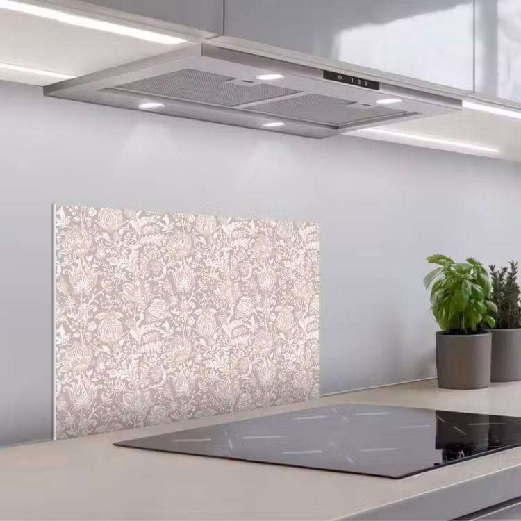 Bloemenprint - Grijs - Crème keuken achterwand spatscherm klein 900 -3d_schuin