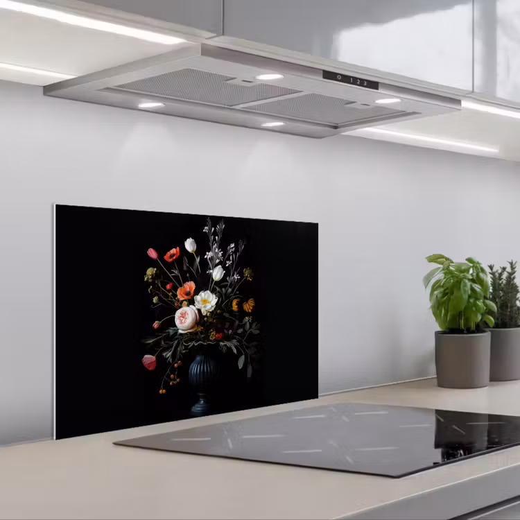 Bloemstuk - Vaas - Zwart keuken achterwand spatscherm klein -3d_schuin