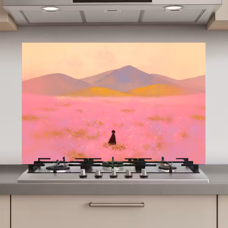 Bloemenweide - Heuvels - Silhouet - Roze keuken achterwand spatscherm klein -3d_website