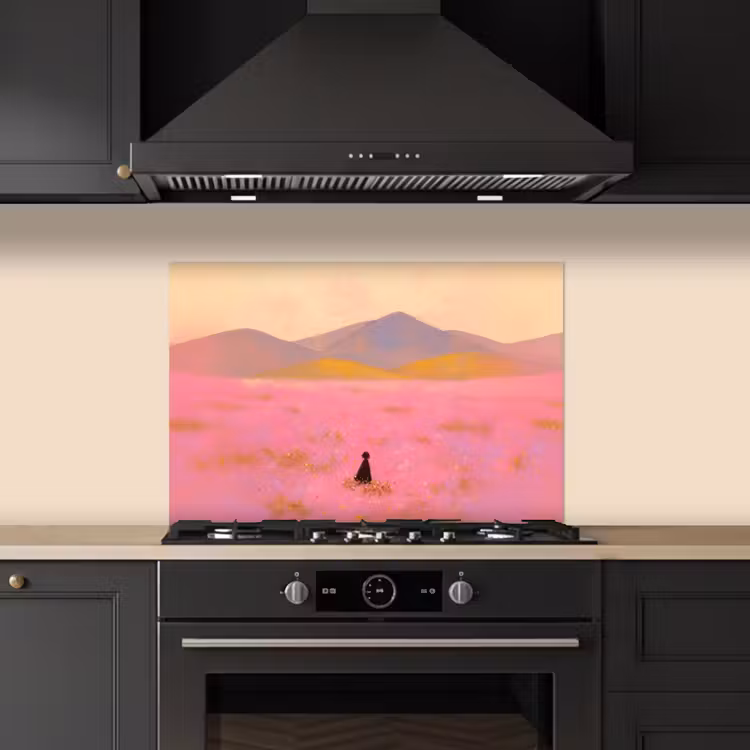Bloemenweide - Heuvels - Silhouet - Roze keuken achterwand spatscherm klein -sfeer1
