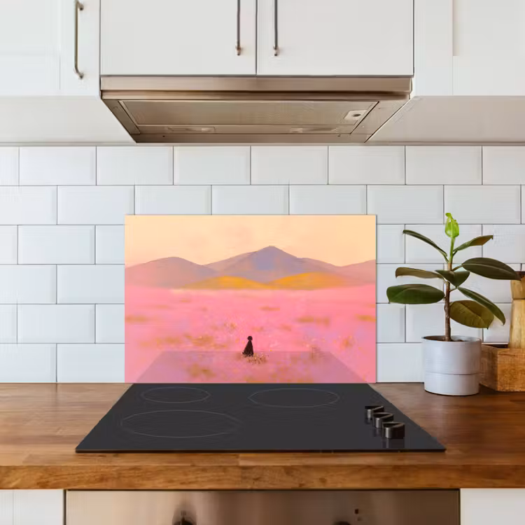 Bloemenweide - Heuvels - Silhouet - Roze keuken achterwand spatscherm klein -sfeer2