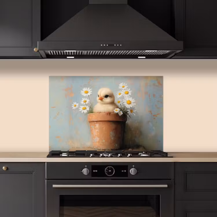 Bloempot - Kuiken - Bloemetjes keuken achterwand spatscherm klein -sfeer1