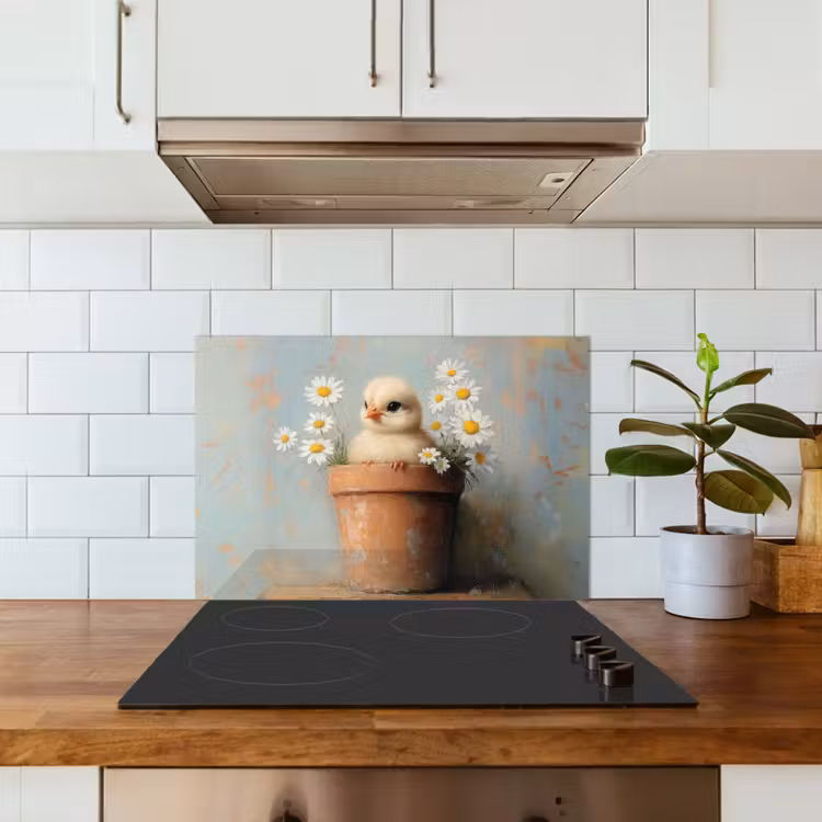 Bloempot - Kuiken - Bloemetjes keuken achterwand spatscherm klein -sfeer2