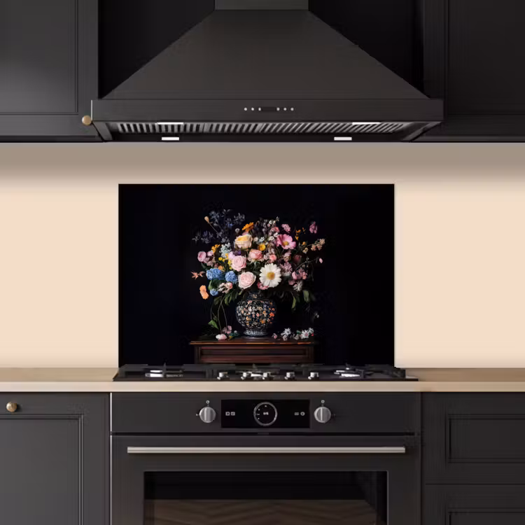 Bloemenvaas - Hout - Bloemen - Boeket keuken achterwand spatscherm klein -sfeer1