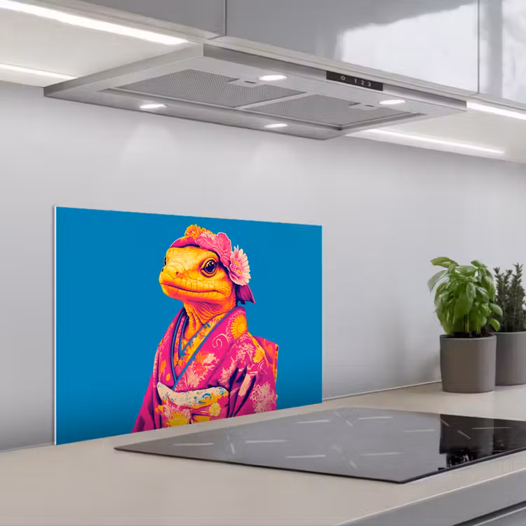 Bloemenkrans - Hagedis - Kimono - Paars keuken achterwand spatscherm klein -3d_schuin