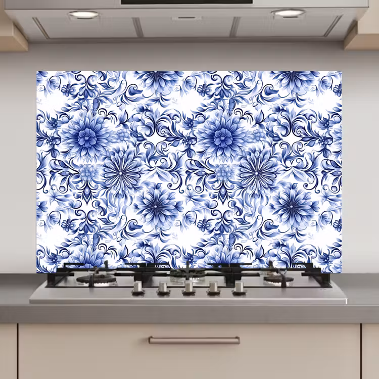 Bloemen - Blauw - Patroon - Wit keuken achterwand spatscherm klein 900 -3d_website