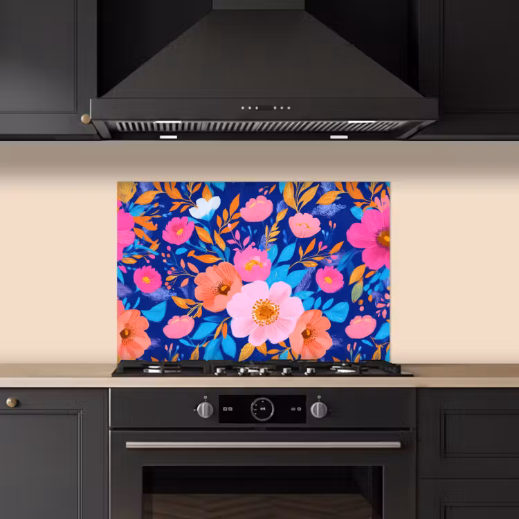 Bloemen - Blauw - Roze keuken achterwand spatscherm klein -sfeer1