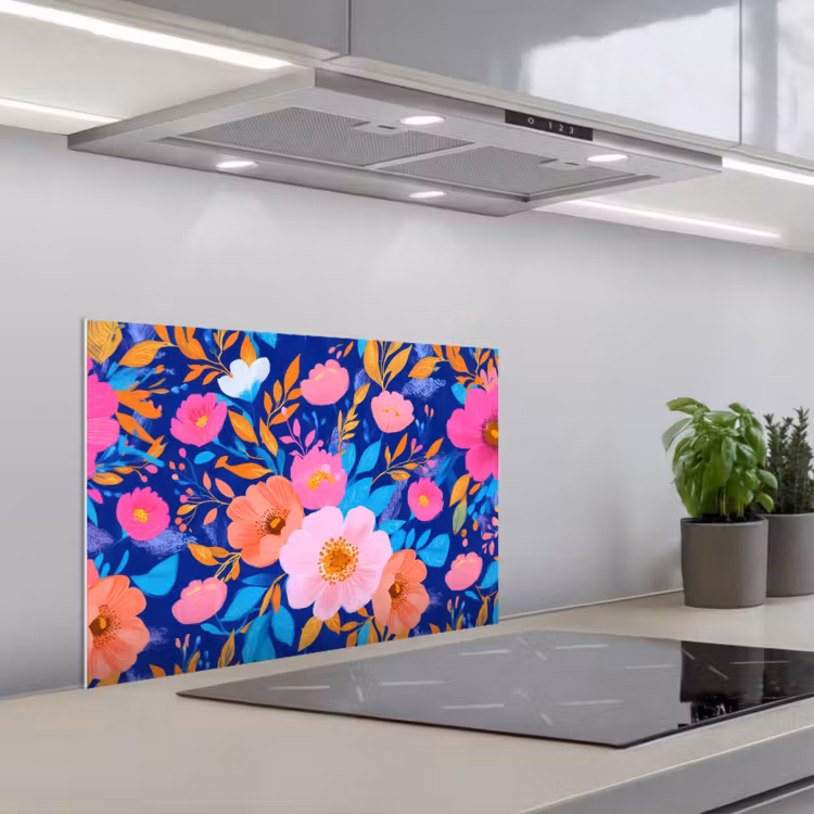 Bloemen - Blauw - Roze keuken achterwand spatscherm klein -3d_schuin