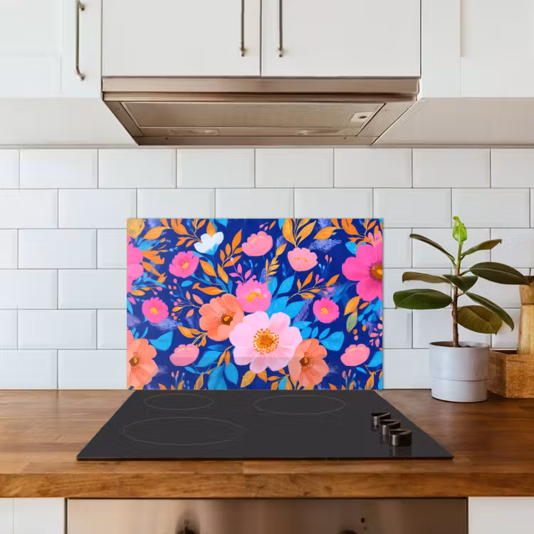Bloemen - Blauw - Roze keuken achterwand spatscherm klein -sfeer2
