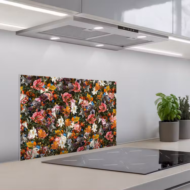 Bloemen - Vlinder - Design - Kunst - Abstract - Schilderij - Oude meesters keuken achterwand spatscherm klein -3d_schuin