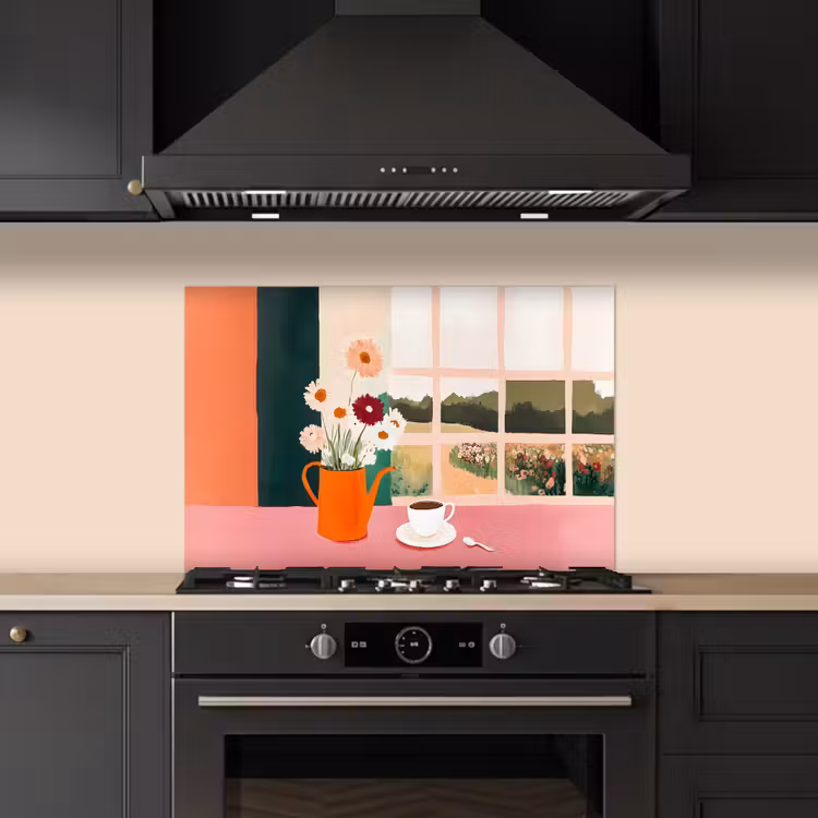 Bloemen - Koffie - Raam keuken achterwand spatscherm klein -sfeer1