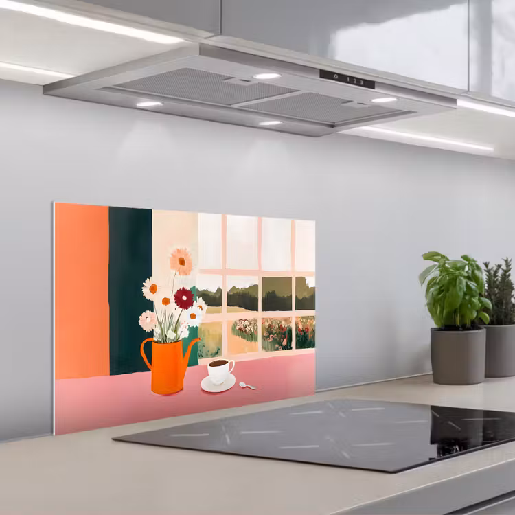 Bloemen - Koffie - Raam keuken achterwand spatscherm klein -3d_schuin