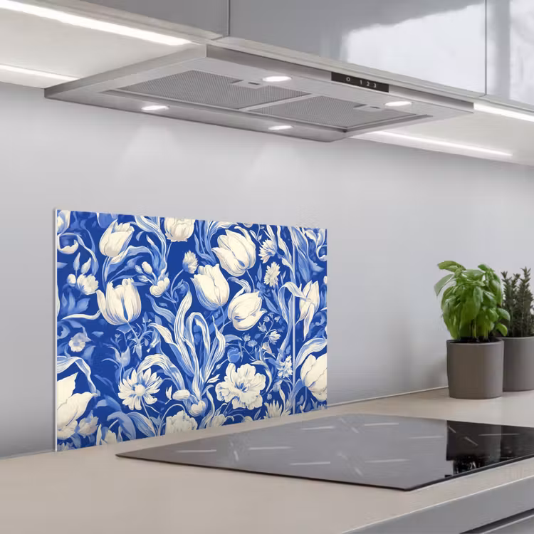 Bloemen - Delfts Blauw - Patroon - Tulp keuken achterwand spatscherm klein -3d_schuin