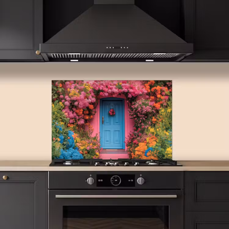 Bloemen - Deur - Roze keuken achterwand spatscherm klein -sfeer1