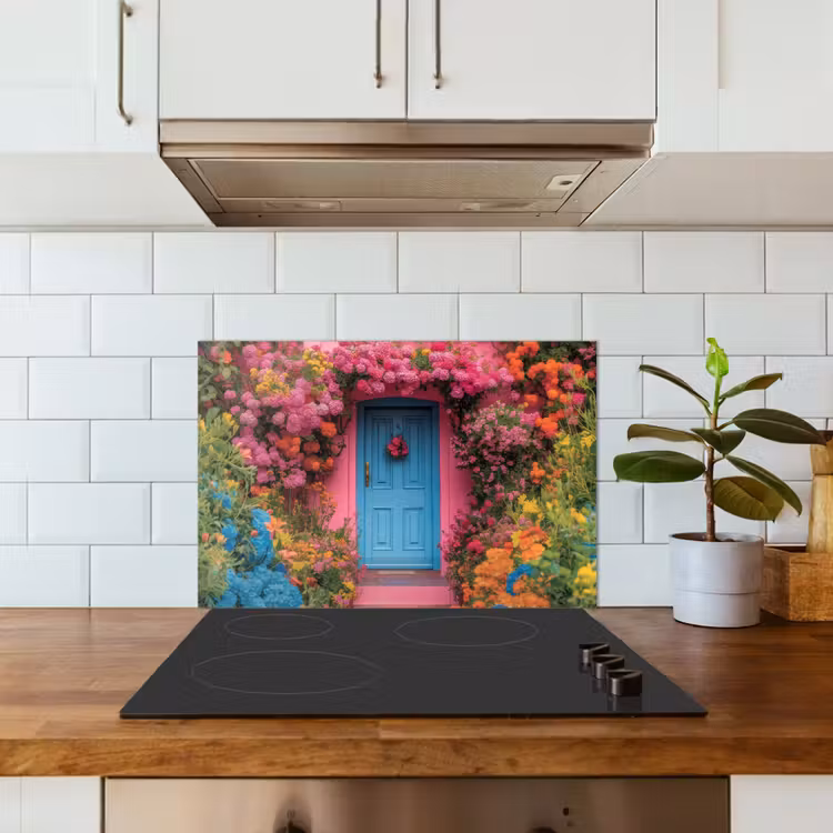 Bloemen - Deur - Roze keuken achterwand spatscherm klein -sfeer2