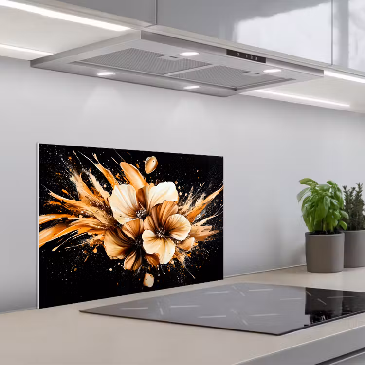 Bloemen - Goud - Graffiti - Zwart - Abstract keuken achterwand spatscherm klein -3d_schuin