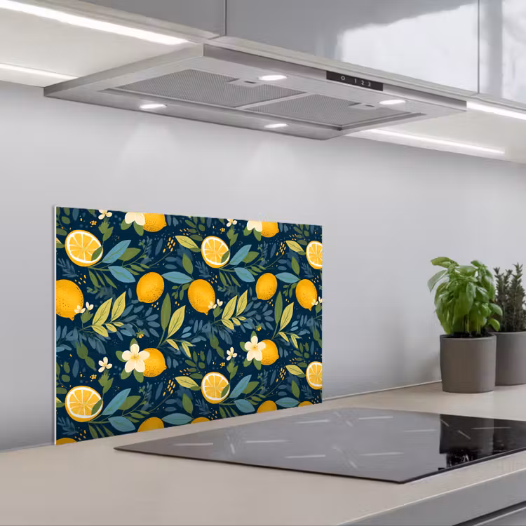 Bloemen - Bladeren - Citroenen - Blauw keuken achterwand spatscherm klein 900 -3d_schuin
