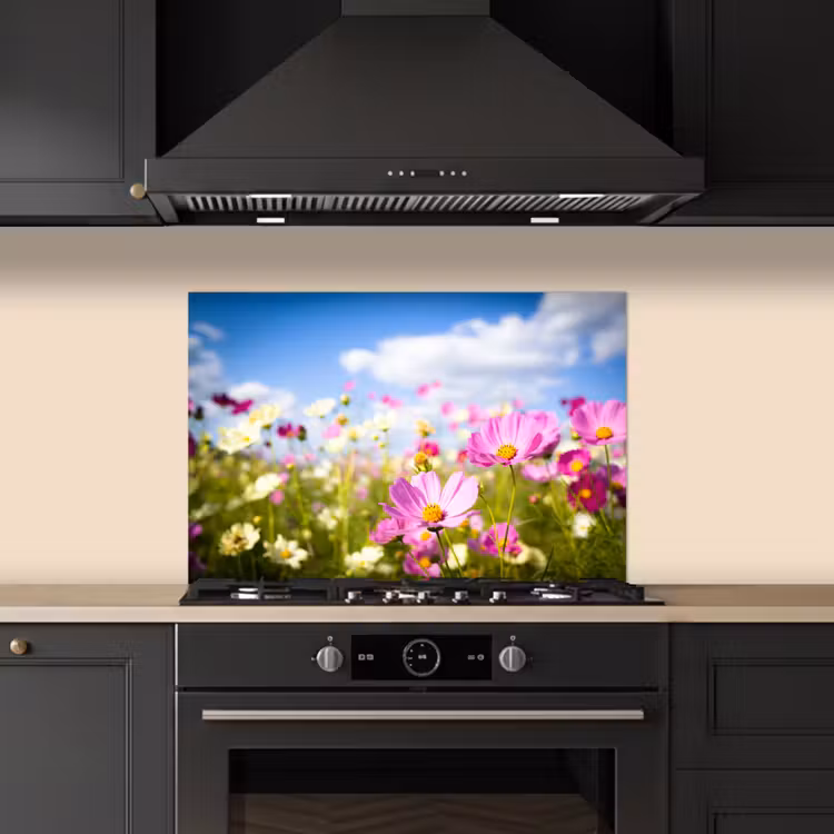 Bloemen - Wei - Paars - Gras - Wit - Wolken - Blauw keuken achterwand spatscherm klein -sfeer1