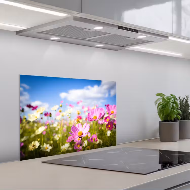 Bloemen - Wei - Paars - Gras - Wit - Wolken - Blauw keuken achterwand spatscherm klein -3d_schuin