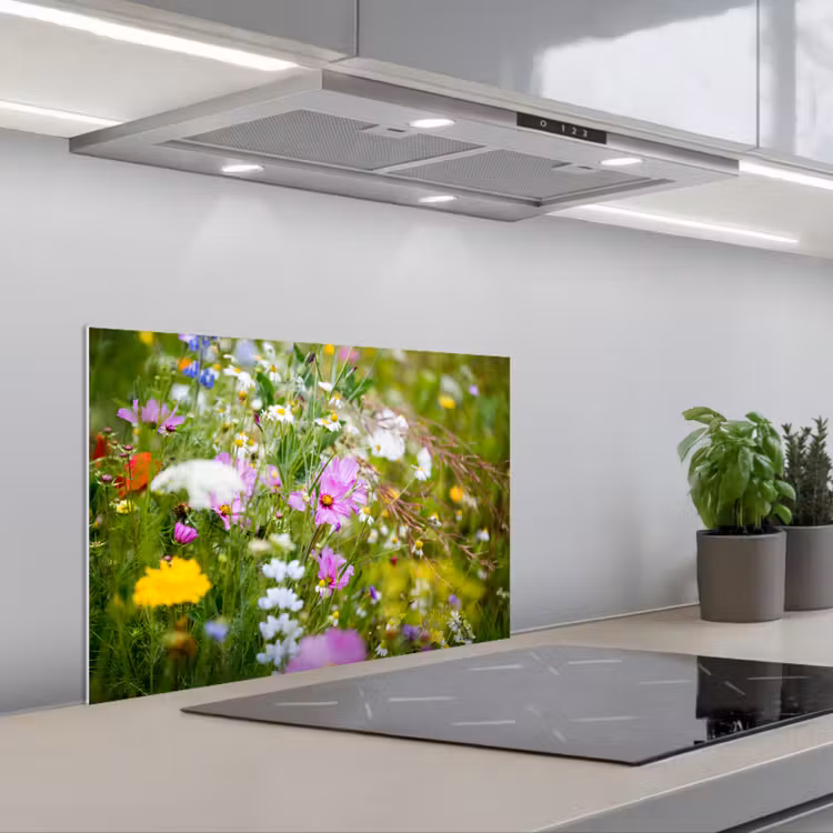 Bloemen - Natuur - Groen - Gras - Paars - Wit keuken achterwand spatscherm klein -3d_schuin