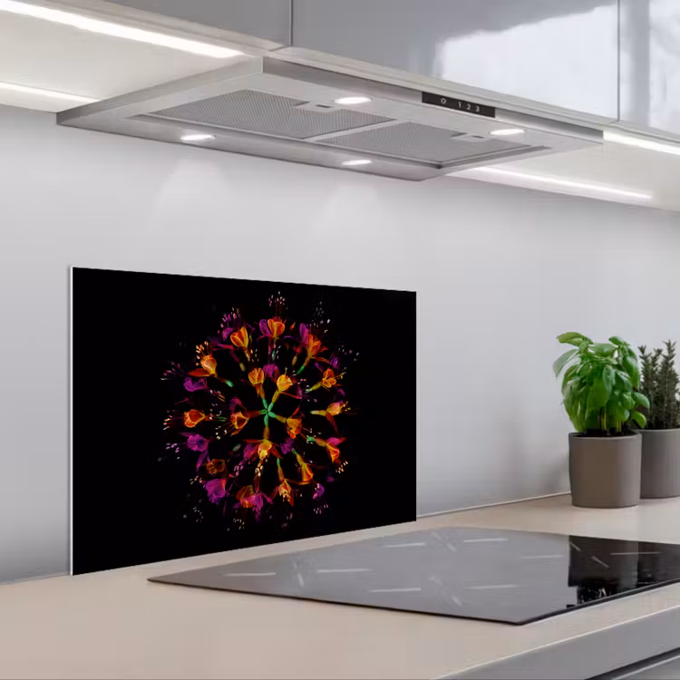 Bloemen - Oranje - Roze - Zwart keuken achterwand spatscherm klein -3d_schuin