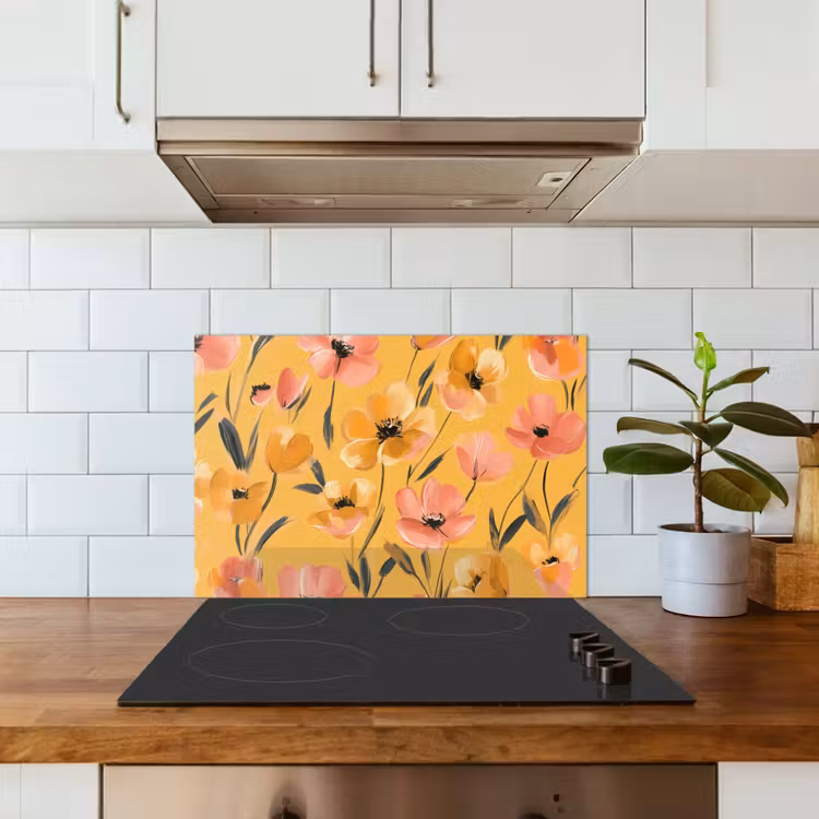 Bloemen - Geschilderd - Geel keuken achterwand spatscherm klein -sfeer2