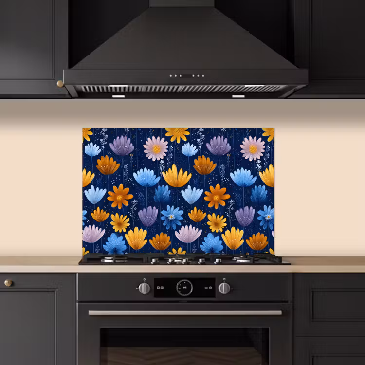 Bloemen - Patroon - Blauw - Contrast keuken achterwand spatscherm klein -sfeer1