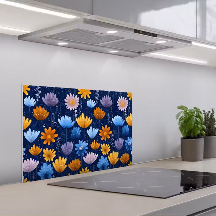 Bloemen - Patroon - Blauw - Contrast keuken achterwand spatscherm klein -3d_schuin