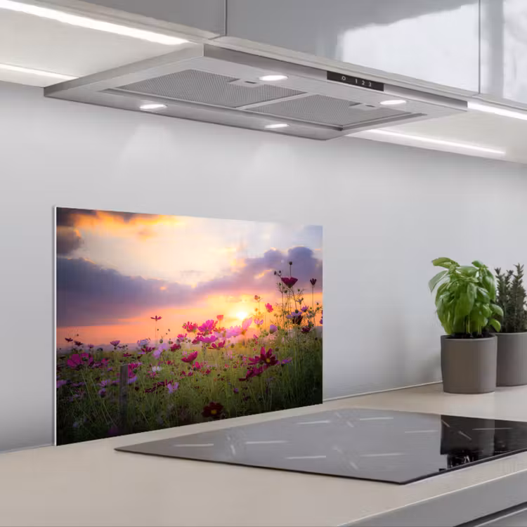 Bloemen - Roze - Zonsondergang - Natuur - Weide - Horizon keuken achterwand spatscherm klein -3d_schuin