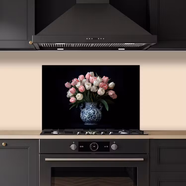 Bloemen - Roze - Tulpen - Vaas keuken achterwand spatscherm klein -sfeer1
