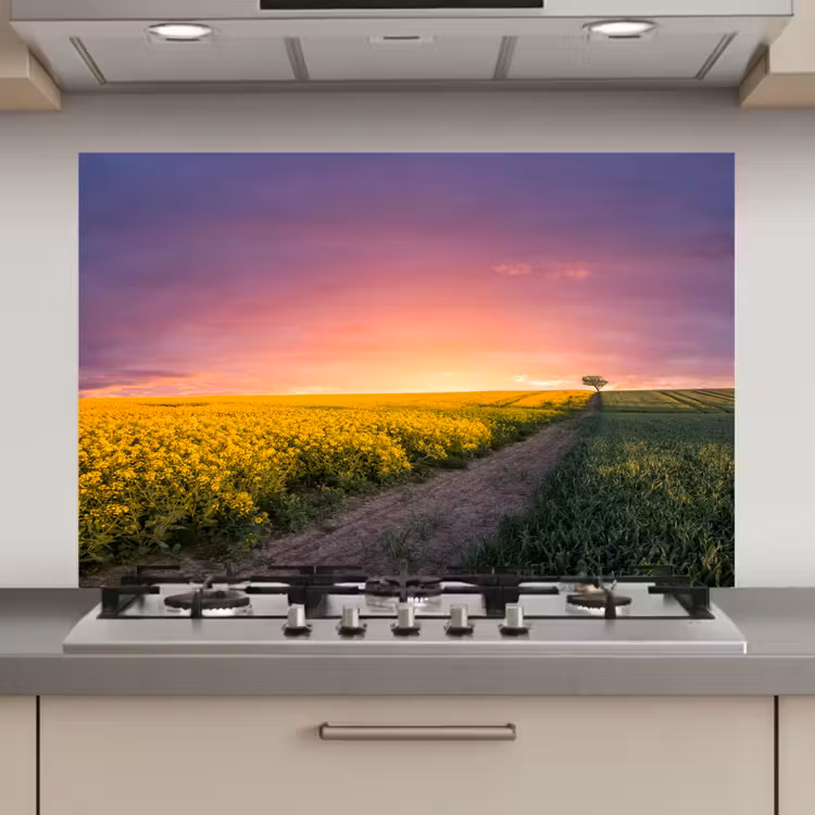 Bloemen - Weg - Lucht - Geel - Paars - Zonsondergang - Natuur keuken achterwand spatscherm klein -3d_website