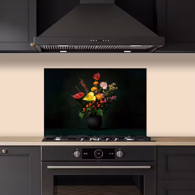 Bloemen - Vaas - Zwart keuken achterwand spatscherm klein -sfeer1
