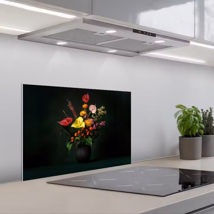 Bloemen - Vaas - Zwart keuken achterwand spatscherm klein -3d_schuin