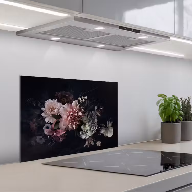 Bloemen - Vintage - Pastel - Zwart - Boeket keuken achterwand spatscherm klein -3d_schuin
