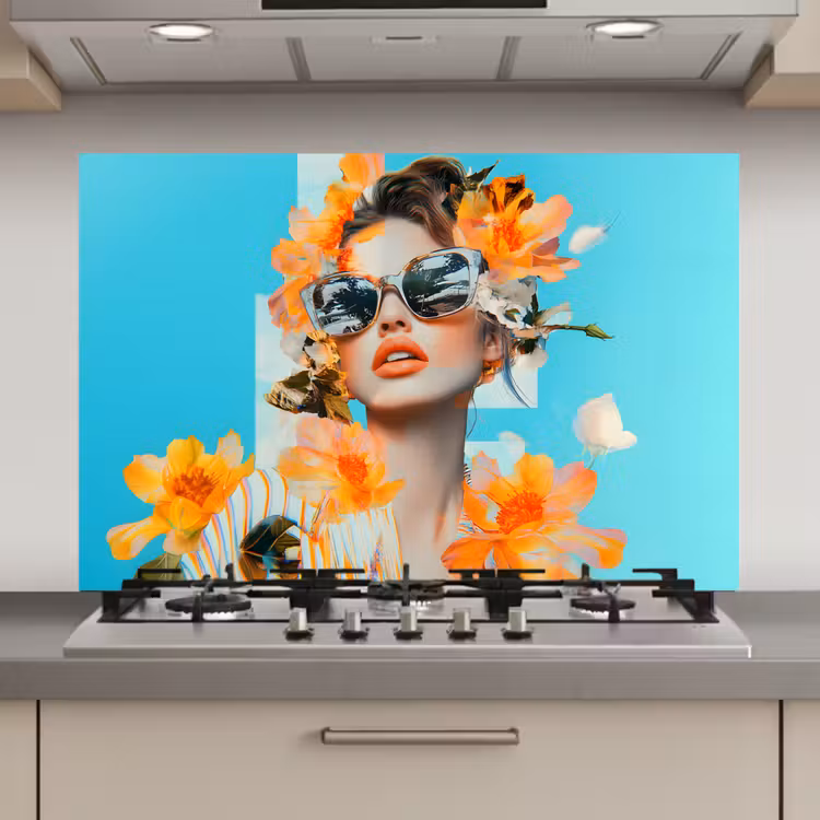 Bloemen - Vrouw - Zonnebril - Blauw keuken achterwand spatscherm klein -3d_website