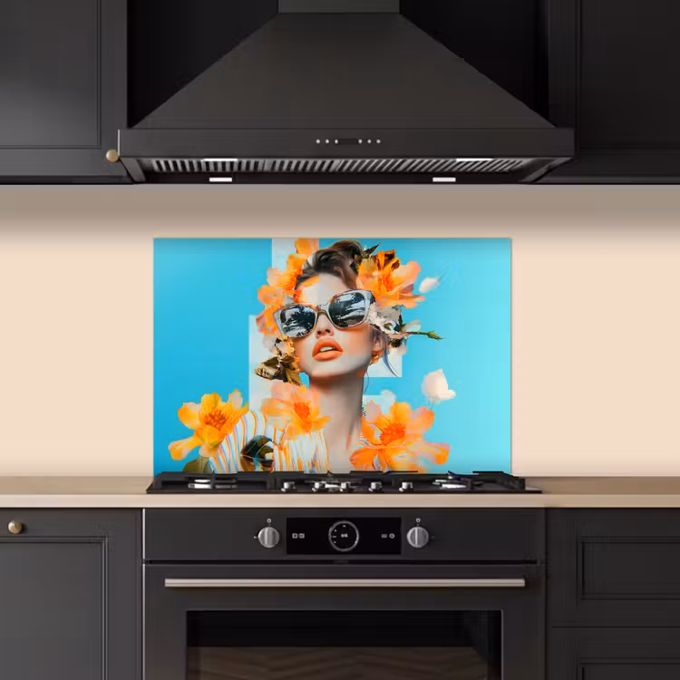 Bloemen - Vrouw - Zonnebril - Blauw keuken achterwand spatscherm klein -sfeer1