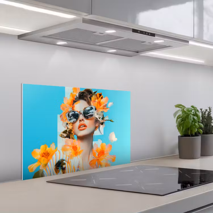 Bloemen - Vrouw - Zonnebril - Blauw keuken achterwand spatscherm klein -3d_schuin