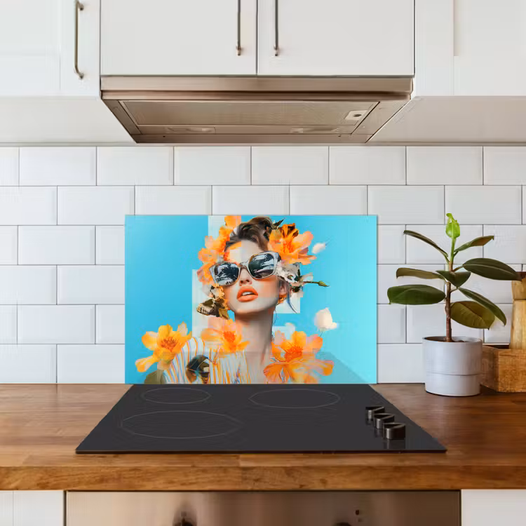 Bloemen - Vrouw - Zonnebril - Blauw keuken achterwand spatscherm klein -sfeer2