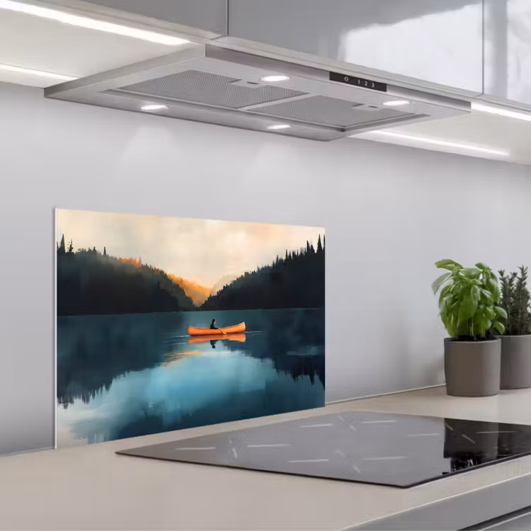 Bossen - Meer - Kano - Oranje keuken achterwand spatscherm klein -3d_schuin