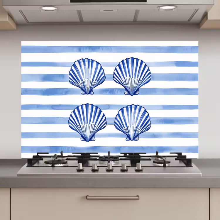 Vier schelpen - Blauw - Wit - Strepen keuken achterwand spatscherm klein -3d_website