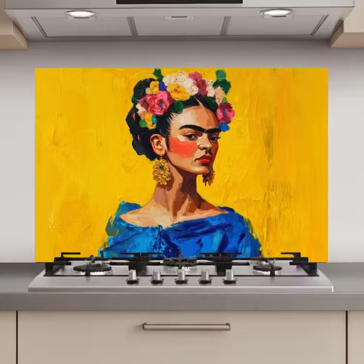 Frida Kahlo - Vrouw - Geel - Blauw - Bloemen keuken achterwand spatscherm klein -3d_website
