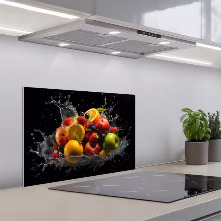 Fruit - Appel - Sinaasappel - Rode vruchten - Water keuken achterwand spatscherm klein -3d_schuin
