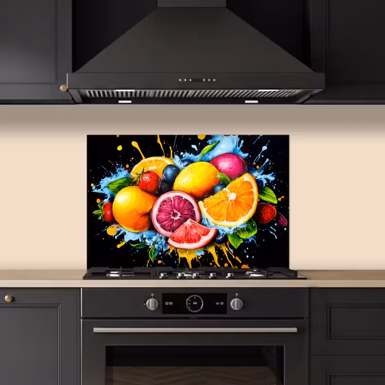 Fruit - Graffiti - Kleurrijk - Sinaasappel - Aardbei - Abstract keuken achterwand spatscherm klein -sfeer1
