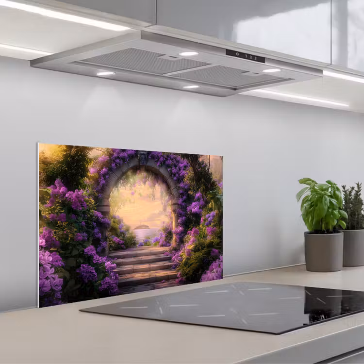 Poort - Paars - Bloemen keuken achterwand spatscherm klein -3d_schuin