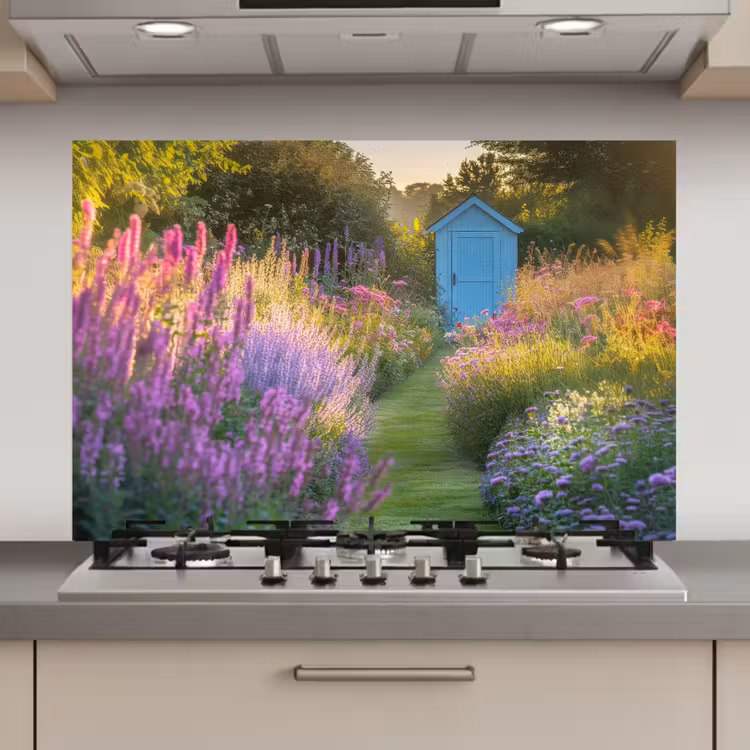 Tuinhuisje - Blauw - Bloemen keuken achterwand spatscherm klein -3d_website