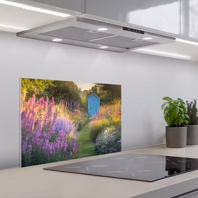 Tuinhuisje - Blauw - Bloemen keuken achterwand spatscherm klein -3d_schuin