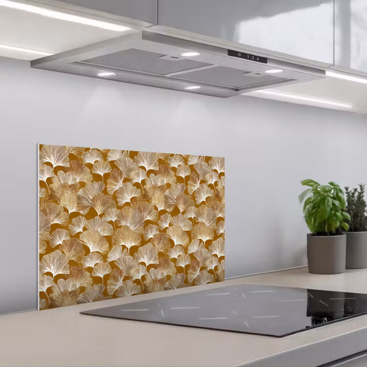 Ginkgo - Bladeren - Goud keuken achterwand spatscherm klein 900 -3d_schuin
